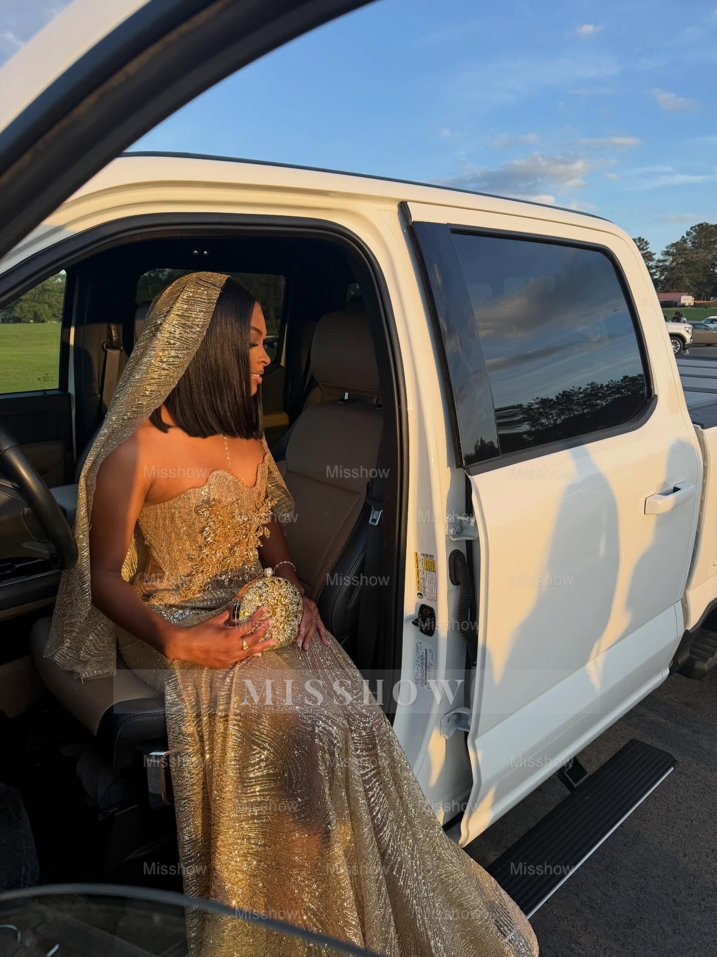 Gold Sequin Mermaid Prom Dress Strapless Sweetheart 3D Floral Beaded with Veil Luxury Evening Gown with Court Train