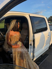 Gold Sequin Mermaid Prom Dress Strapless Sweetheart 3D Floral Beaded with Veil Luxury Evening Gown with Court Train