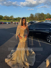 Gold Sequin Mermaid Prom Dress Strapless Sweetheart 3D Floral Beaded with Veil Luxury Evening Gown with Court Train