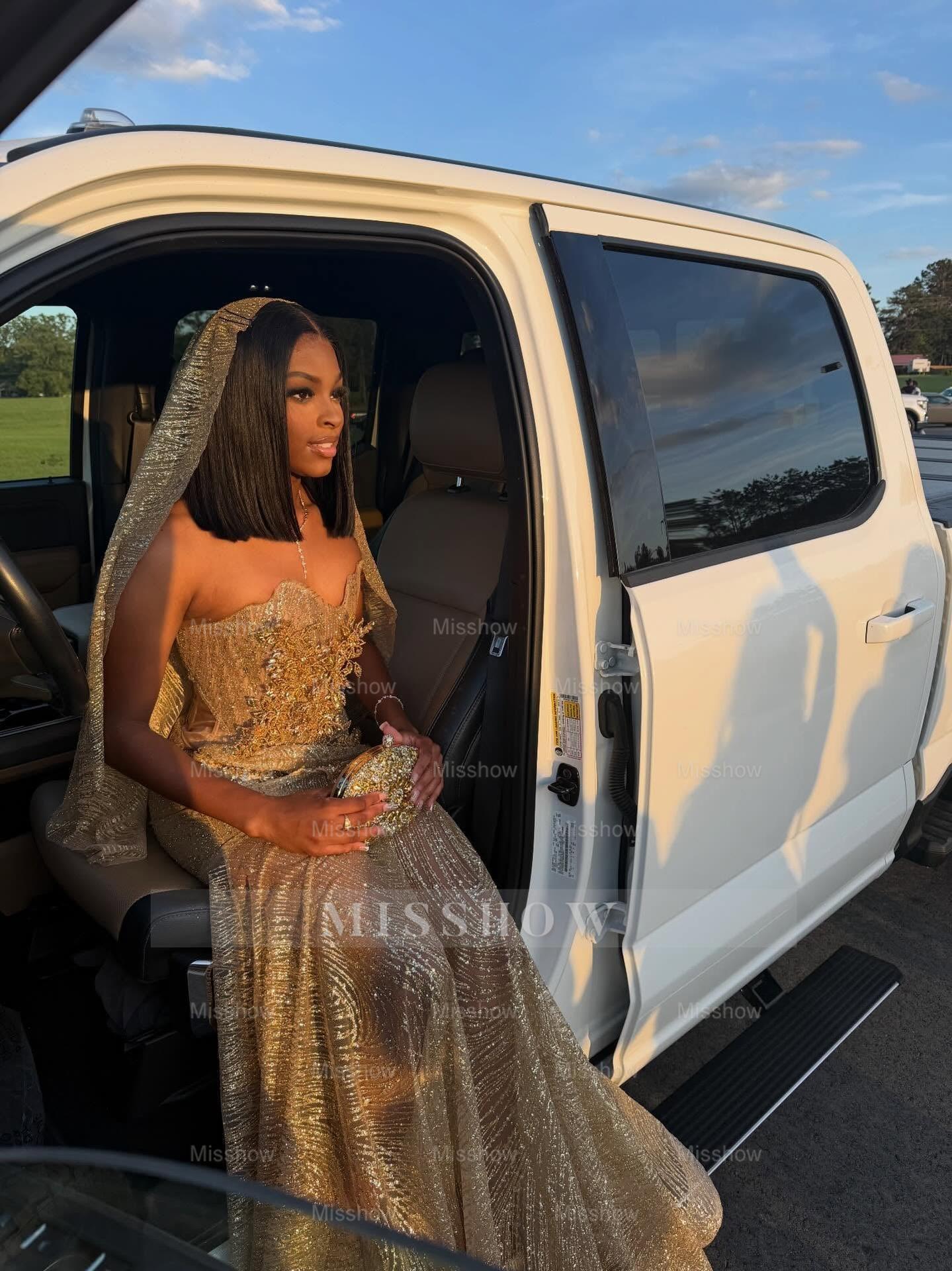 Gold Sequin Mermaid Prom Dress Strapless Sweetheart 3D Floral Beaded with Veil Luxury Evening Gown with Court Train
