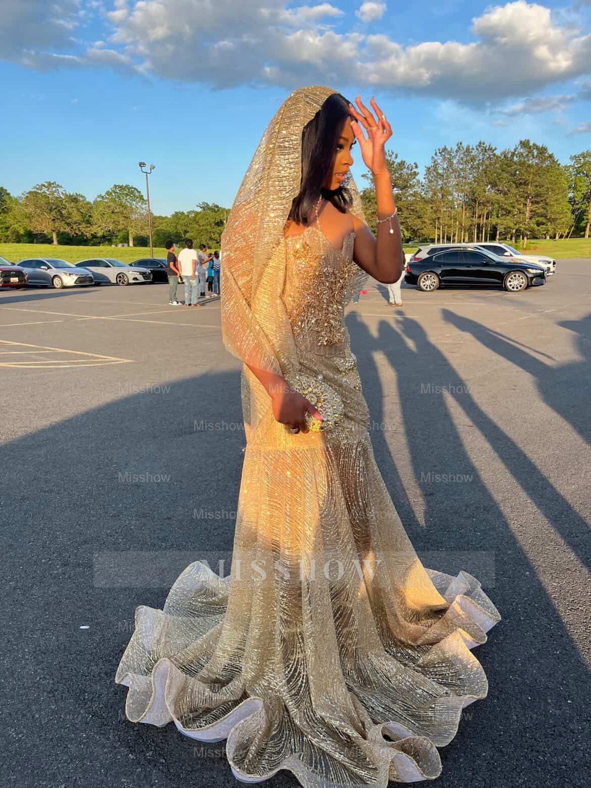 Gold Sequin Mermaid Prom Dress Strapless Sweetheart 3D Floral Beaded with Veil Luxury Evening Gown with Court Train
