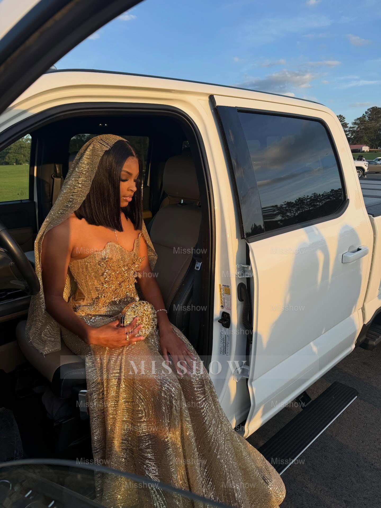 Gold Sequin Mermaid Prom Dress Strapless Sweetheart 3D Floral Beaded with Veil Luxury Evening Gown with Court Train