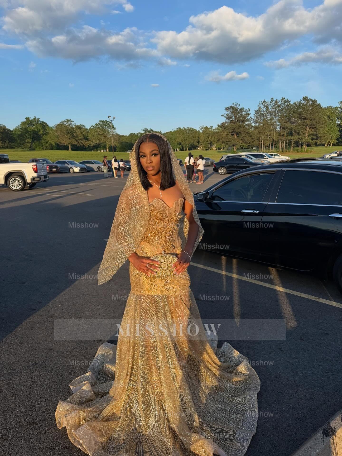 Gold Sequin Mermaid Prom Dress Strapless Sweetheart 3D Floral Beaded with Veil | Misshow misshow.com Gold Sequin Mermaid Prom Dress Strapless Sweetheart 3D Floral Beaded with Veil | Misshow misshow.com