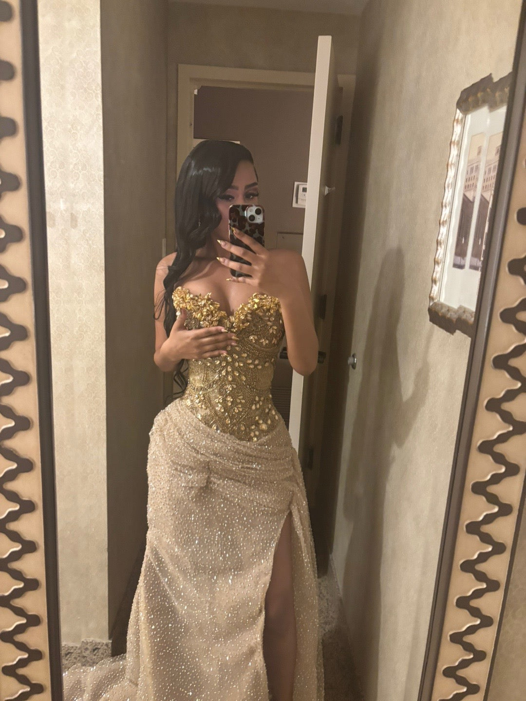 Gold Sequin Mermaid Prom Dress Strapless Sweetheart Illusion Boned Corset 3D Crystal Floral Beaded Bodice High Slit Sweep Train