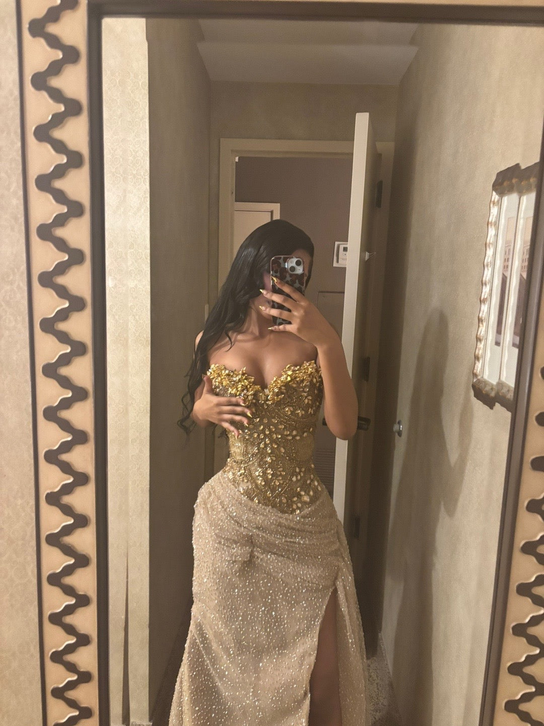 Gold Sequin Mermaid Prom Dress Strapless Sweetheart Illusion Boned Corset 3D Crystal Floral Beaded Bodice High Slit Sweep Train