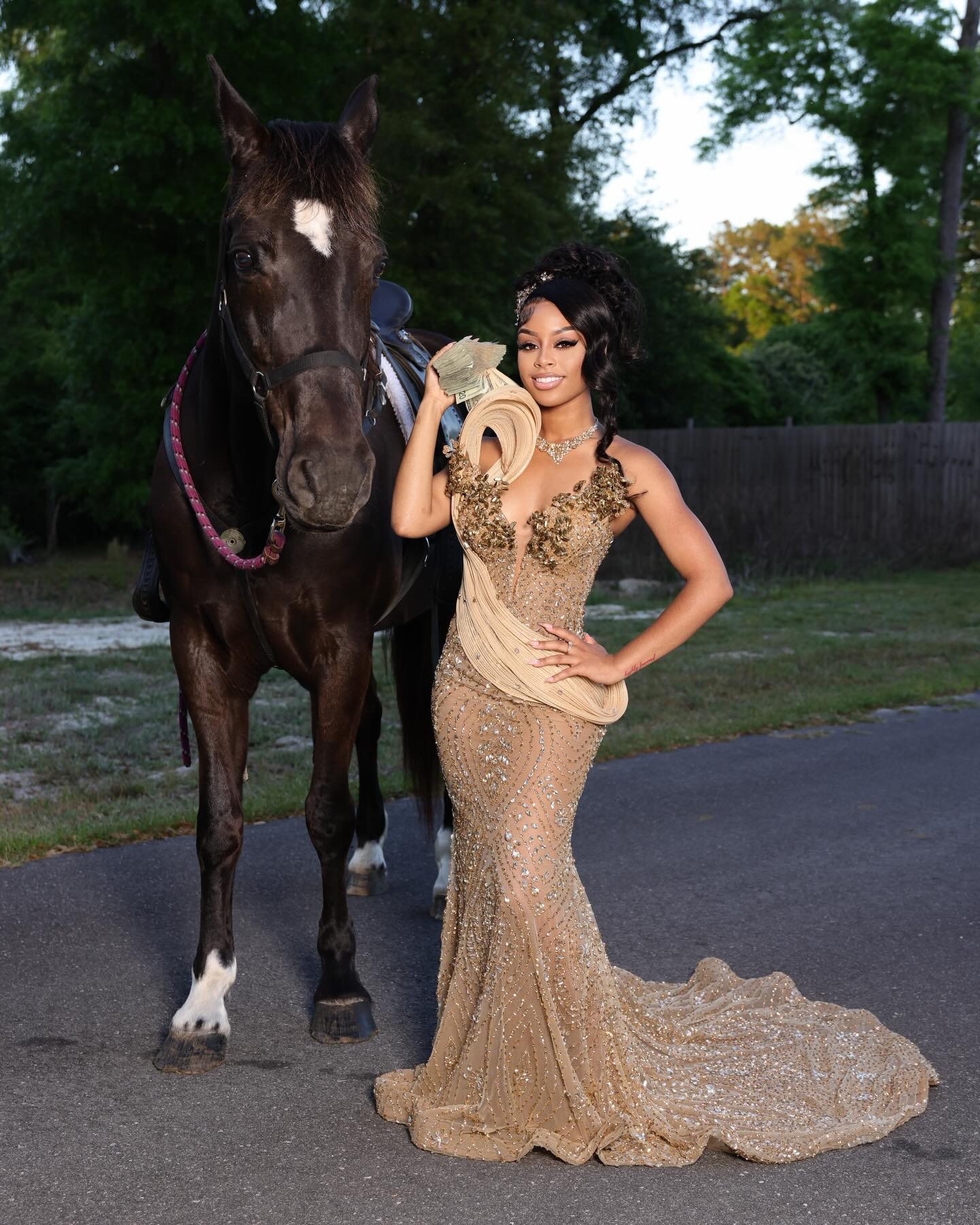 Gold Sequin Mermaid Prom Dress V Neck 3D Floral Beaded Overskirt Luxury Evening Gown with Sweep Train