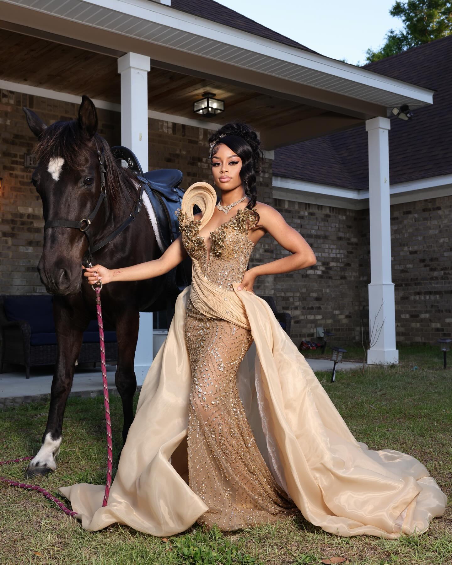 Gold Sequin Mermaid Prom Dress V Neck 3D Floral Beaded Overskirt Luxury Evening Gown with Sweep Train