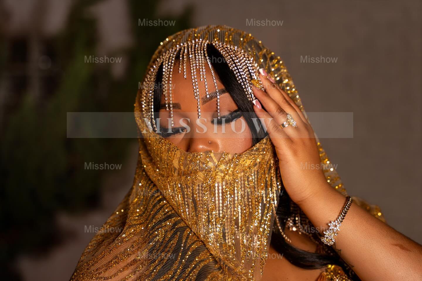 Gold Sleeveless Prom Dress Sheer Beaded Mermaid Gown with Veil