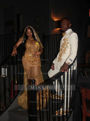 Gold Sleeveless Prom Dress Sheer Beaded Mermaid Gown with Veil