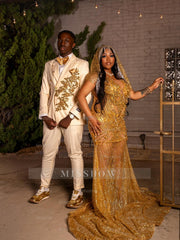 Gold Sleeveless Prom Dress Sheer Beaded Mermaid Gown with Veil