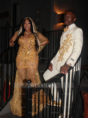 Gold Sleeveless Prom Dress Sheer Beaded Mermaid Gown with Veil