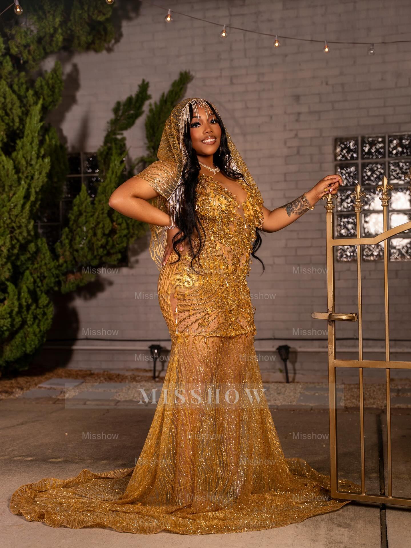 Gold Sleeveless Prom Dress Sheer Beaded Mermaid Gown with Veil