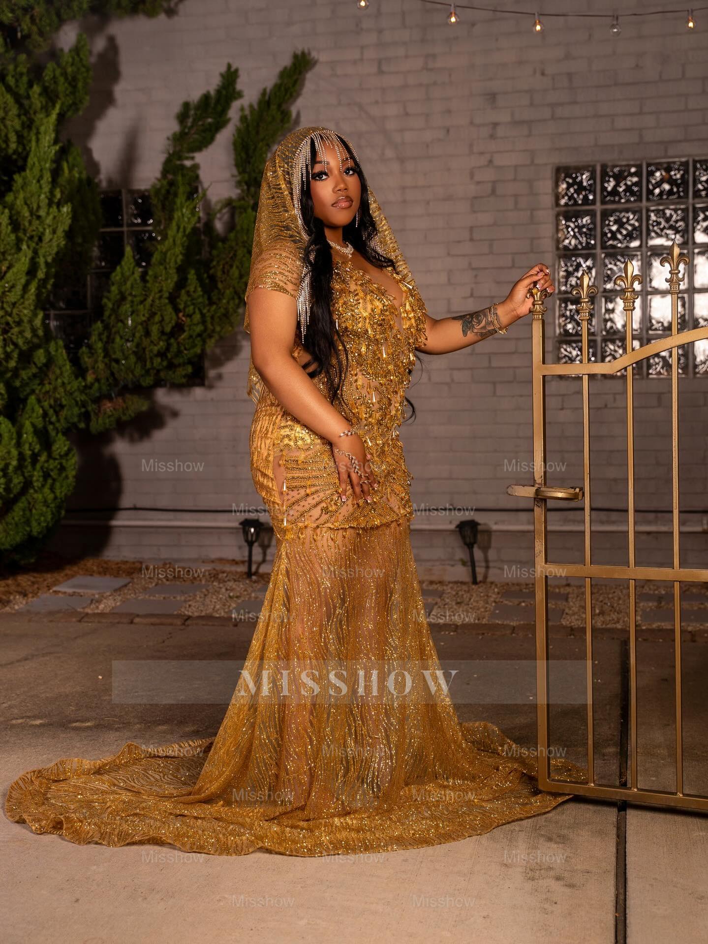 Gold Sleeveless Prom Dress Sheer Beaded Mermaid Gown with Veil