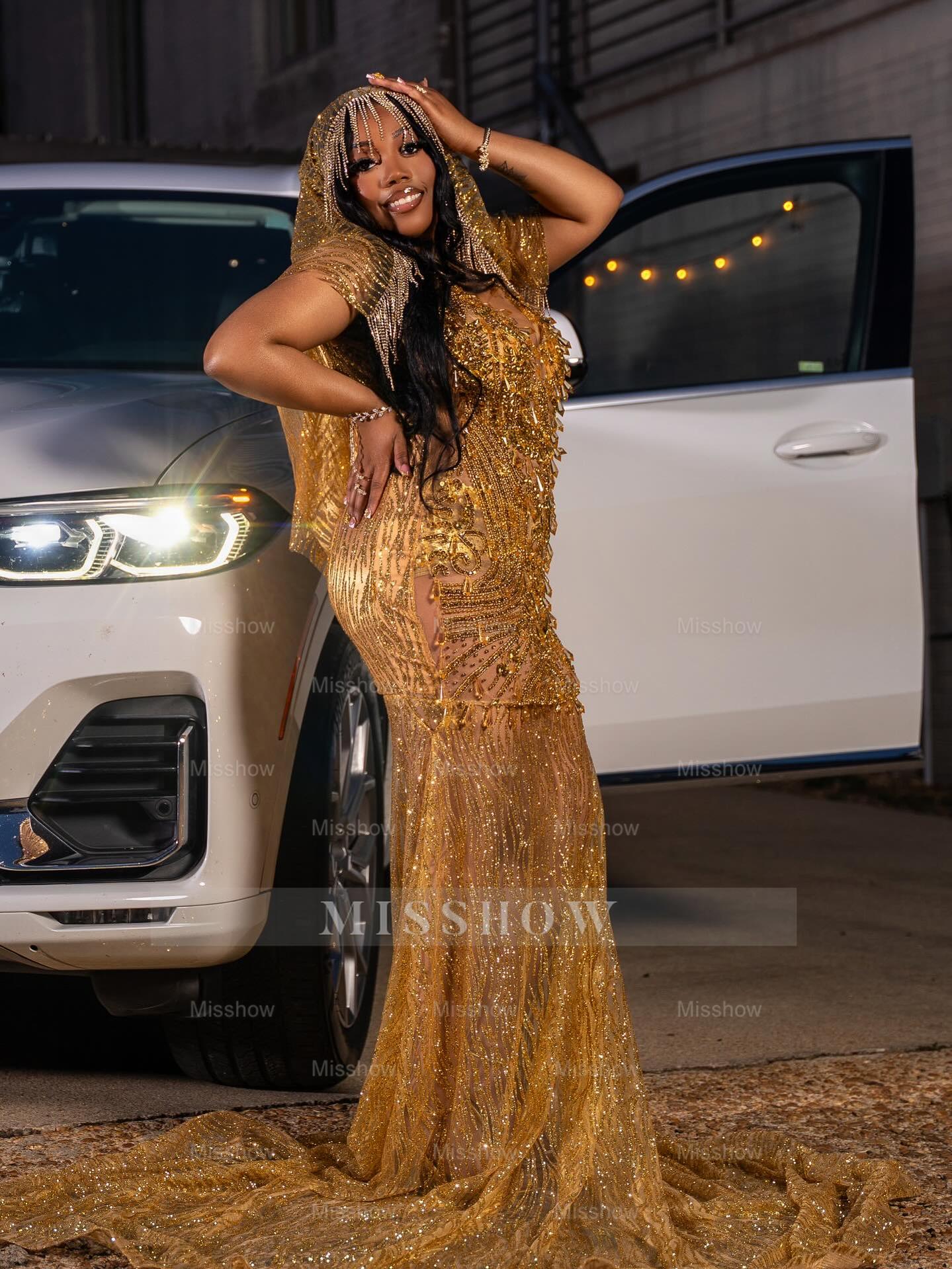 Gold Sleeveless Prom Dress Sheer Beaded Mermaid Gown with Veil –