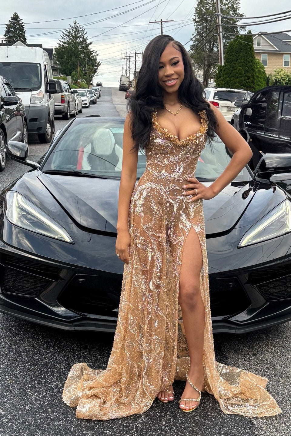 Gold Strapless Sweep Train Split Front Beads Prom Dress With Sequins