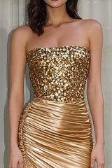 Gold Strapless Sweetheart Sequin Bodice Ruching Satin Mermaid Prom Dress Side Slit Floor Length