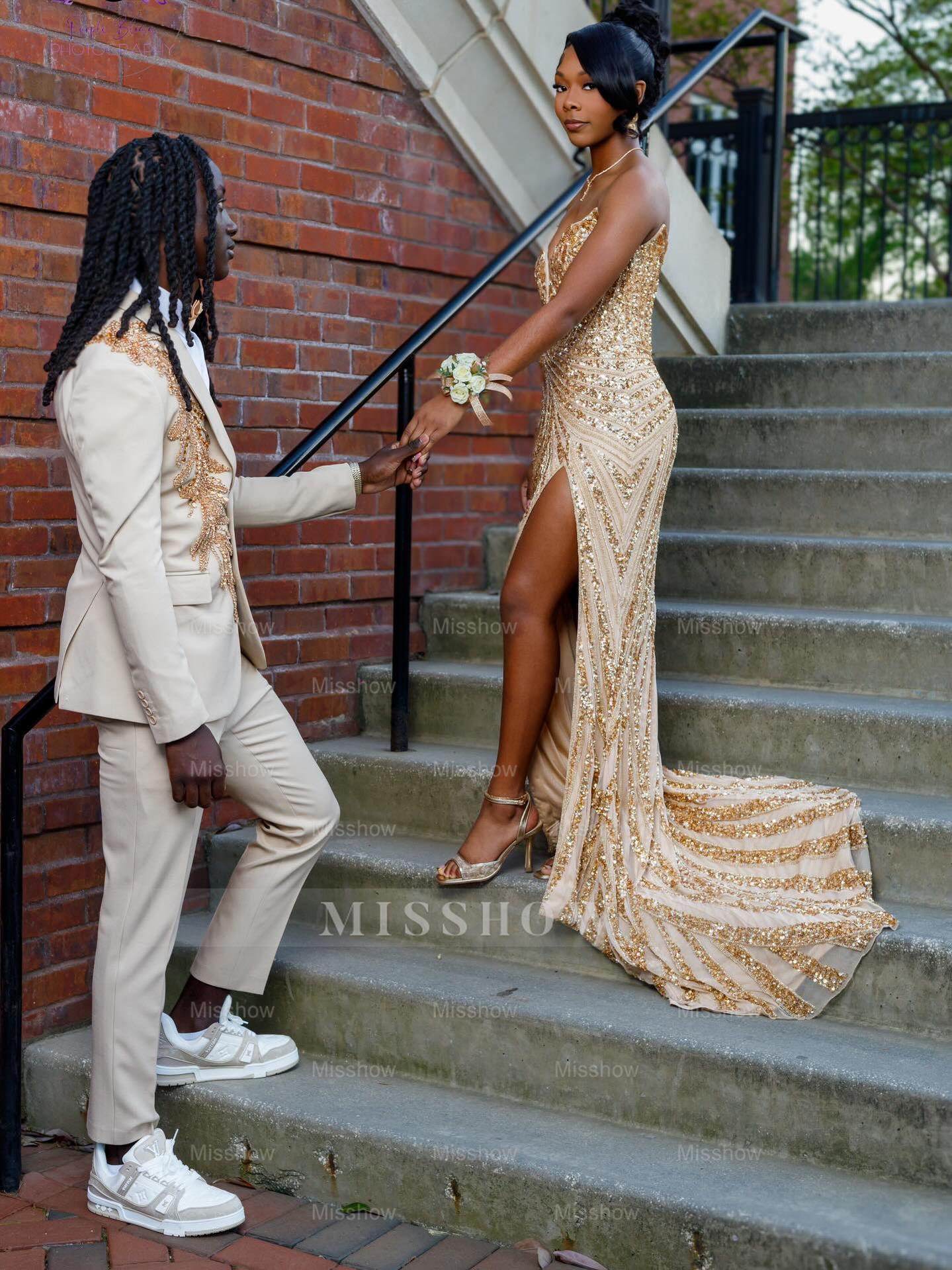 Gold v-neck split-front mermaid prom dress