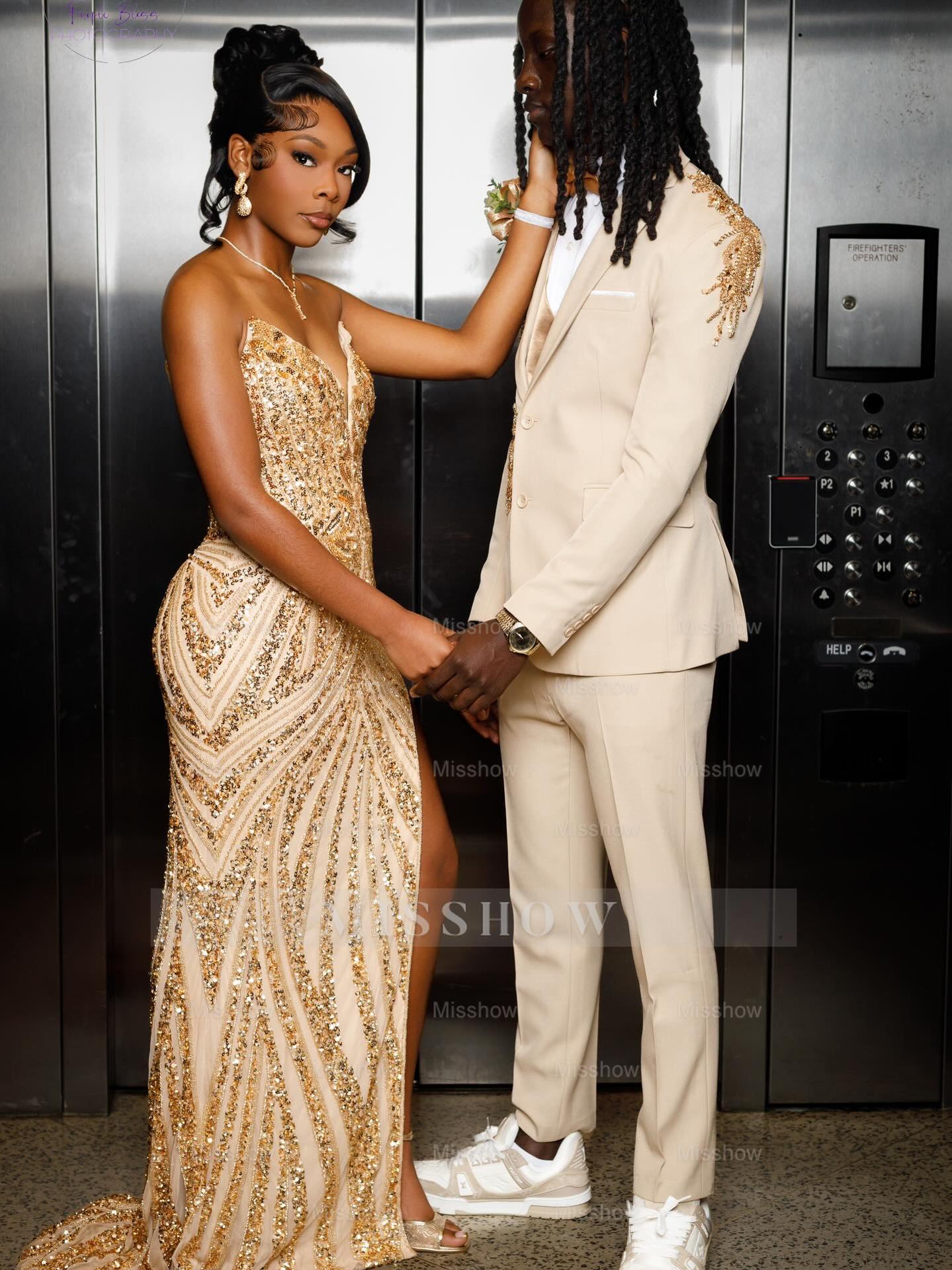 Gold v-neck split-front mermaid prom dress
