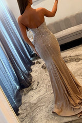 Gold Sweetheart Twisted Bow Keyhole Cutout All-Over Rhinestone Beading Sequined Mermaid Prom Dress Open Back Sweep Train