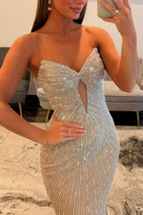 Gold Sweetheart Twisted Bow Keyhole Cutout All-Over Rhinestone Beading Sequined Mermaid Prom Dress Open Back Sweep Train