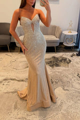 Gold Sweetheart Twisted Bow Keyhole Cutout All-Over Rhinestone Beading Sequined Mermaid Prom Dress Open Back Sweep Train
