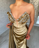 Gold Mermaid Split Front V-Neck Ruffles Prom Dress with beadings
