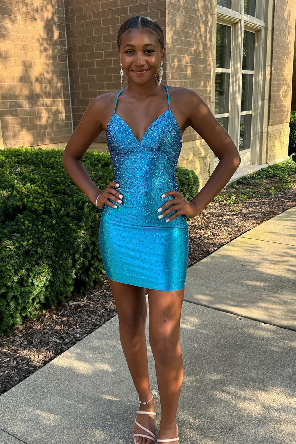 Golden Spaghetti Straps Beaded Bodycon Short Homecoming Dress