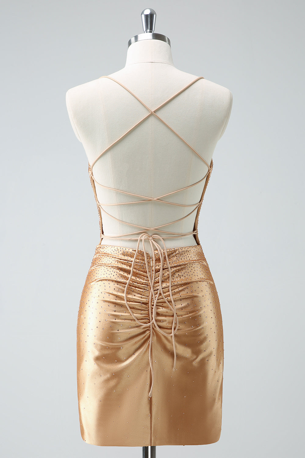Golden Spaghetti Straps Beaded Bodycon Short Homecoming Dress