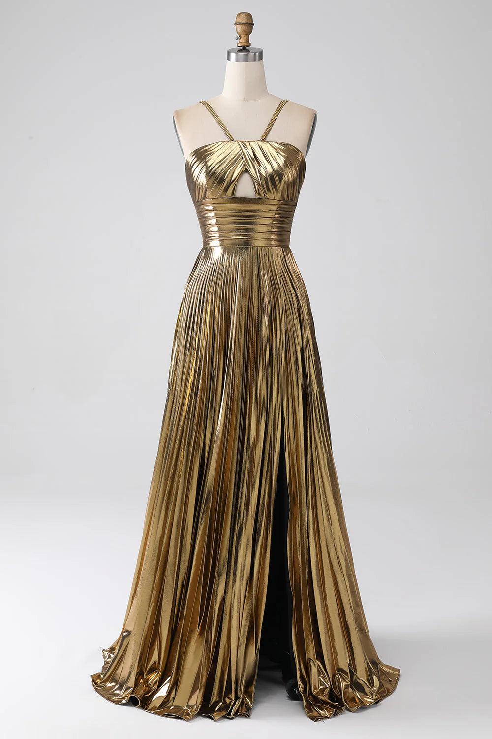 Golden Sparkle A-Line Halter Gown with Keyhole Slit for Prom