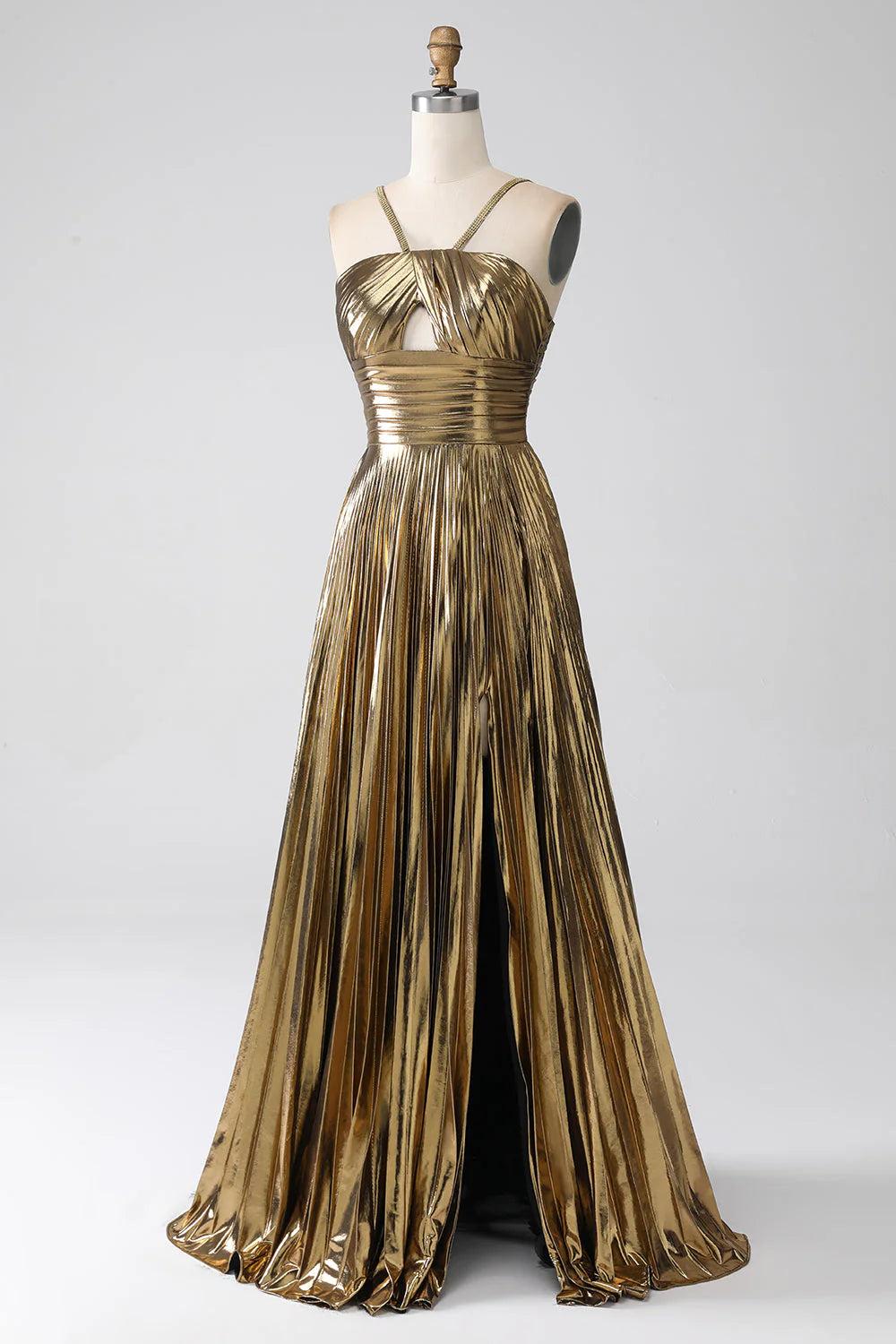 Golden Sparkle A-Line Halter Gown with Keyhole Slit for Prom