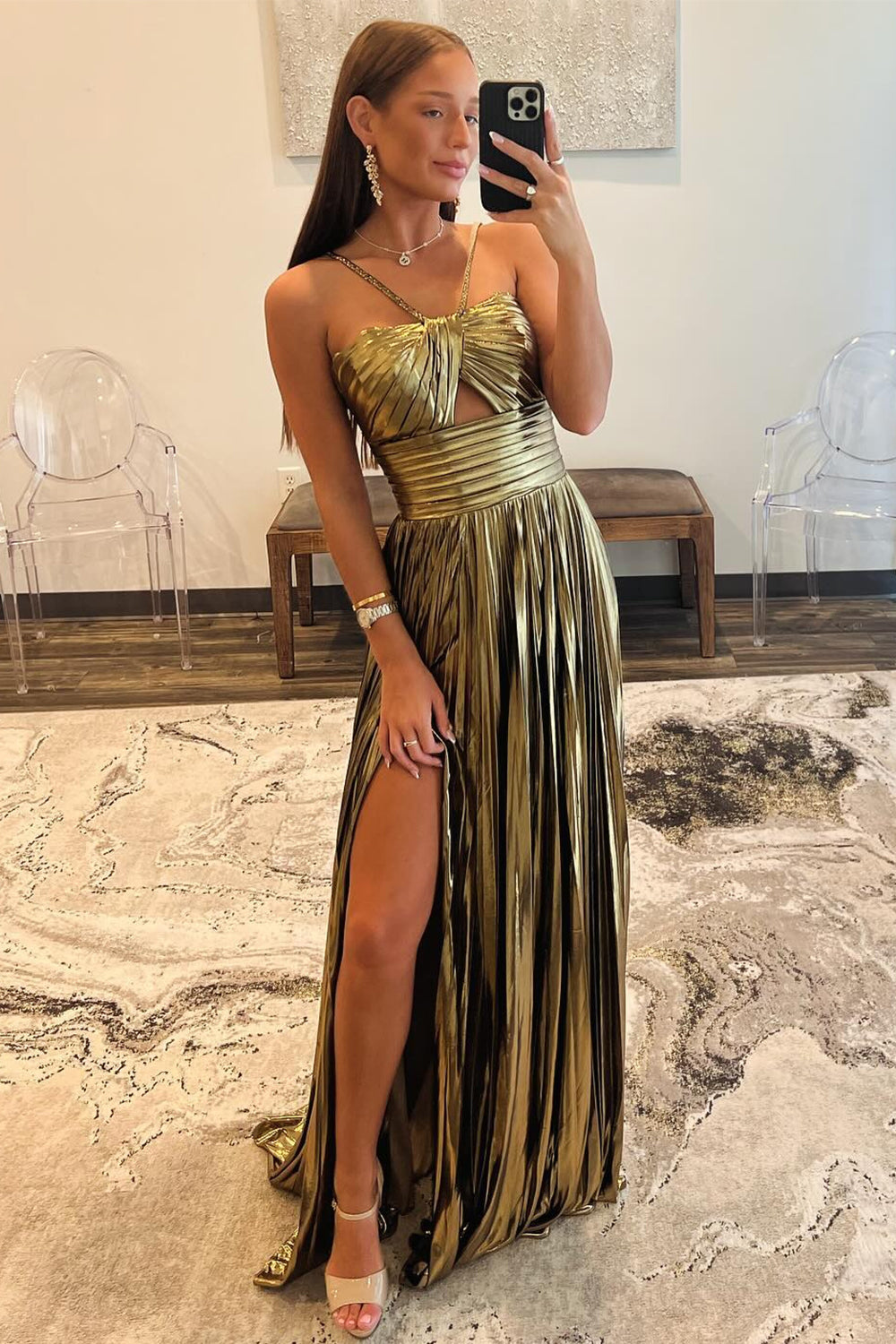 Golden Sparkle A-Line Halter Gown with Keyhole Slit for Prom