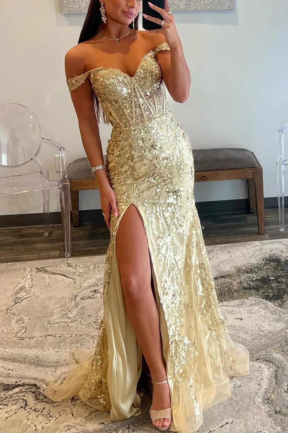 Golden Sparkle Mermaid Prom Dress with Shoulder Slit and Sequins Golden Sparkle Mermaid Prom Dress with Shoulder Slit and Sequins