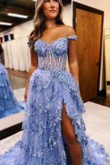 Gorgeous A-Line Lace Off-The-Shoulder Sleeveless Prom Evening Dresses With Split