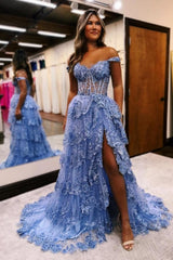 Gorgeous A-Line Lace Off-The-Shoulder Sleeveless Prom Evening Dresses With Split