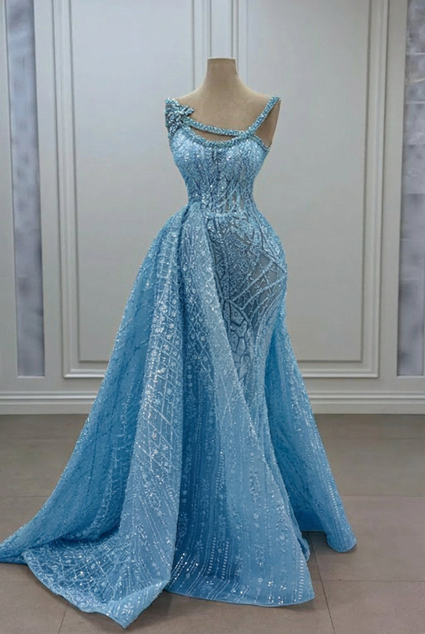 Sky blue strapless rhinestone mermaid prom dress