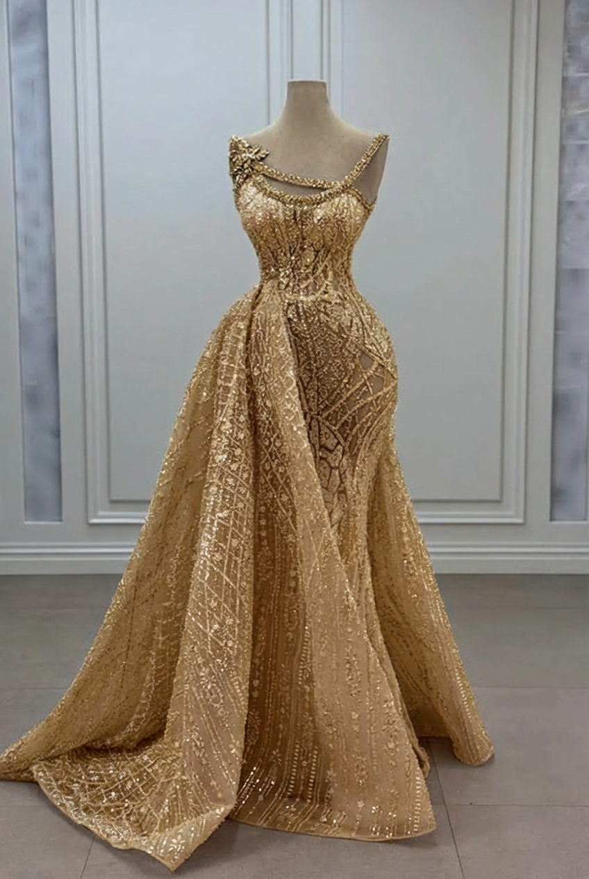 Gold strapless rhinestone mermaid prom dress