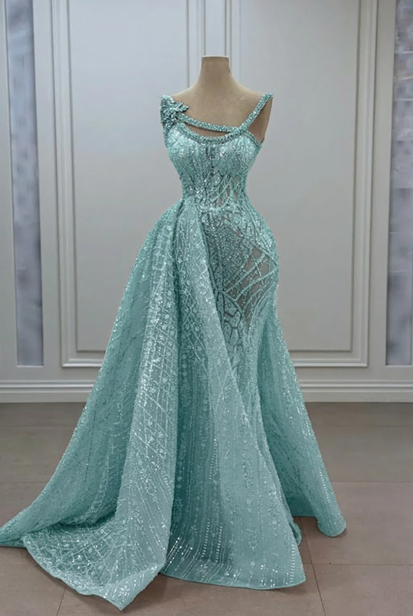 Mint green strapless rhinestone mermaid prom dress