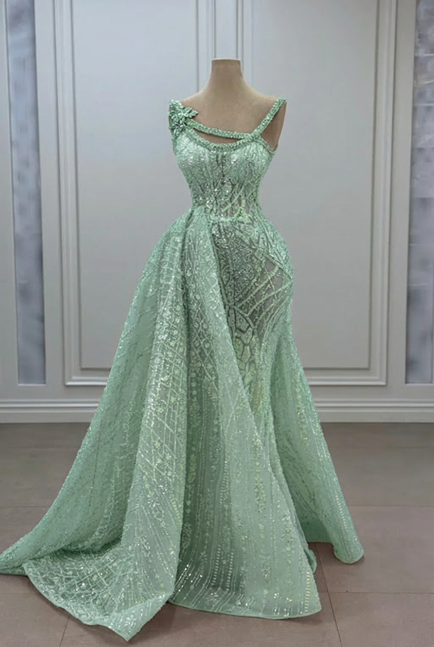 Sage strapless rhinestone mermaid prom dress