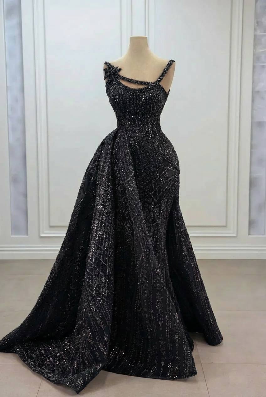 Black strapless rhinestone mermaid prom dress