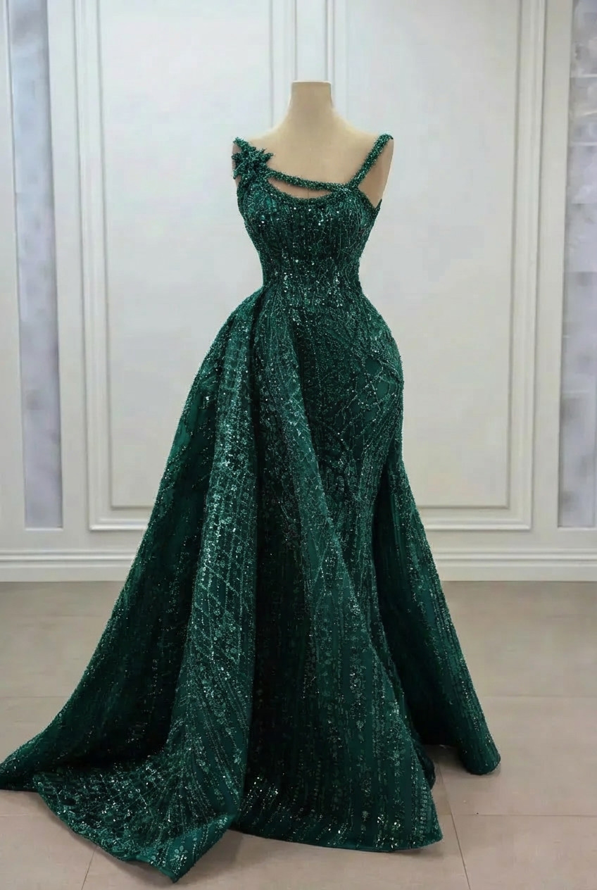 Dark green strapless rhinestone mermaid prom dress