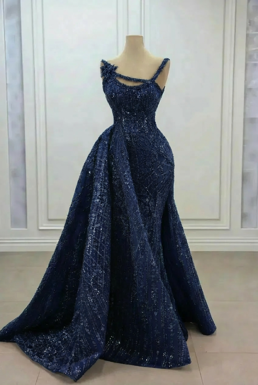 Dark navy strapless rhinestone mermaid prom dress