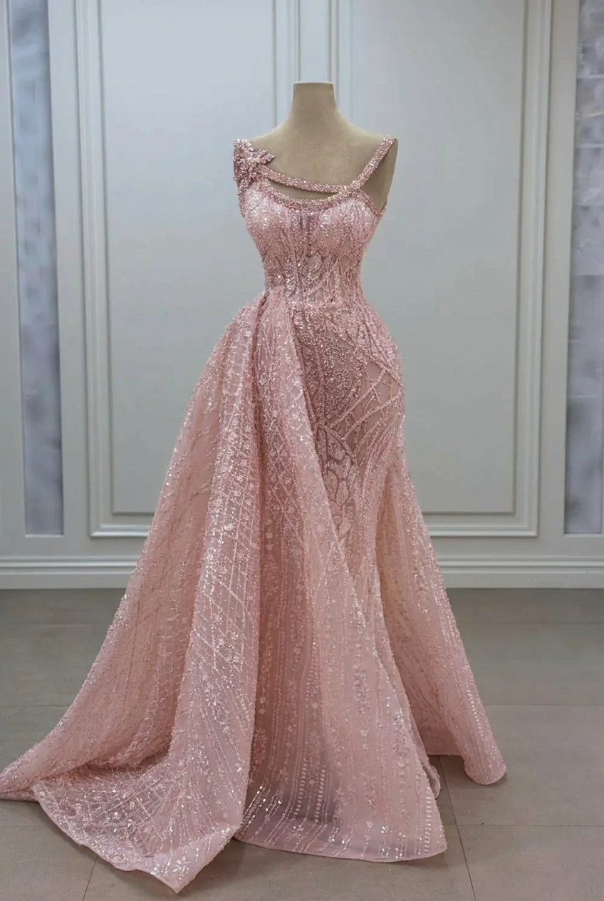 Pink strapless rhinestone mermaid prom dress