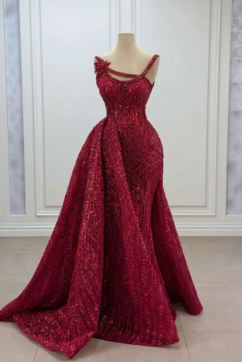 Burgundy strapless rhinestone mermaid prom dress