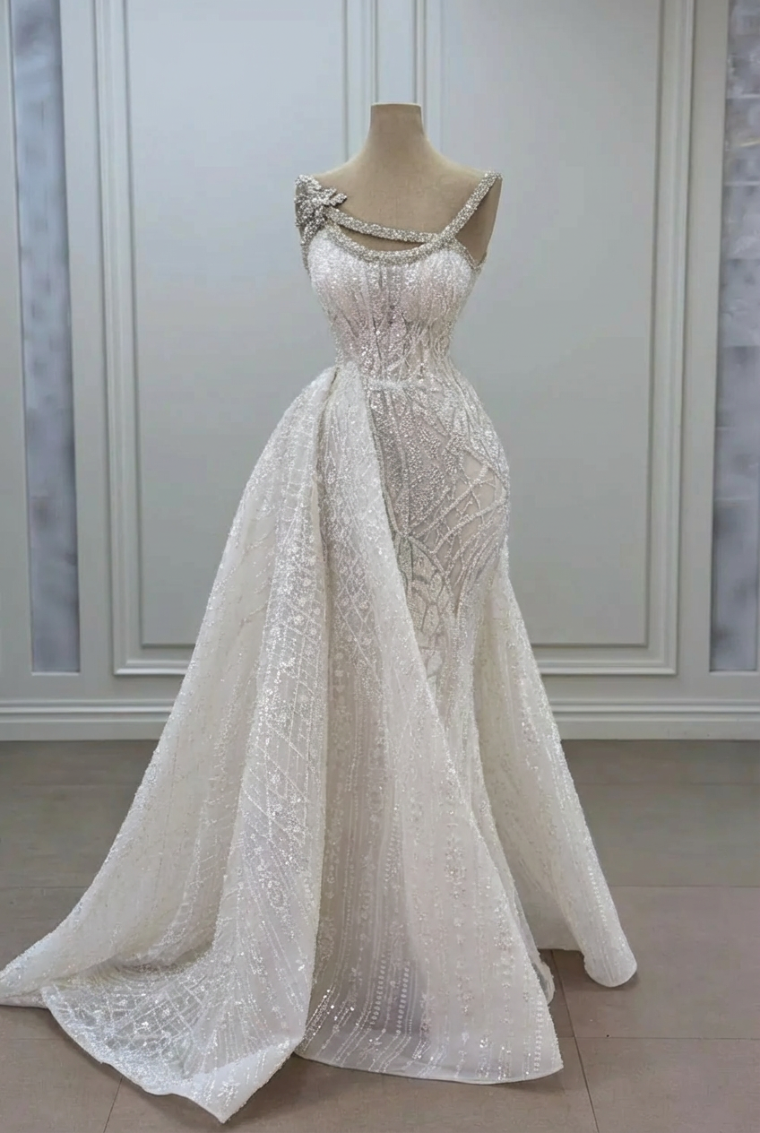 White strapless rhinestone mermaid prom dress