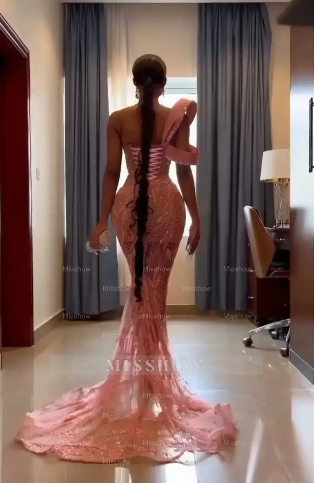 Gorgeous Beading Embroidery One shoulder Pink Mermaid Long Formal Dress
