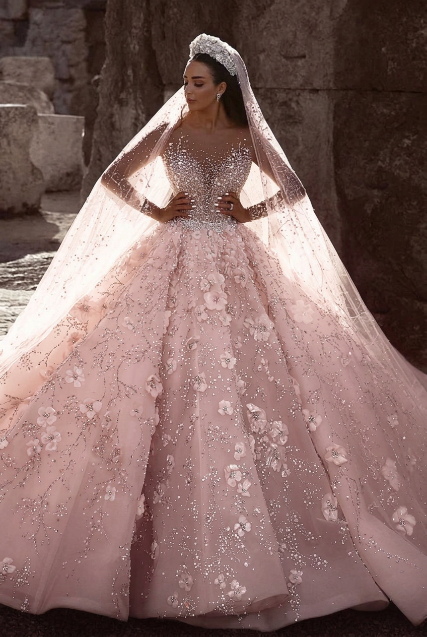 Blushing pink scoop beaded A-line wedding dress