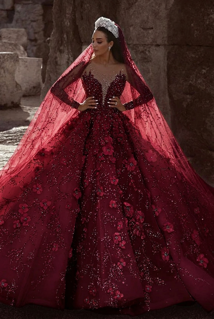Burgundy scoop beaded A-line wedding dress
