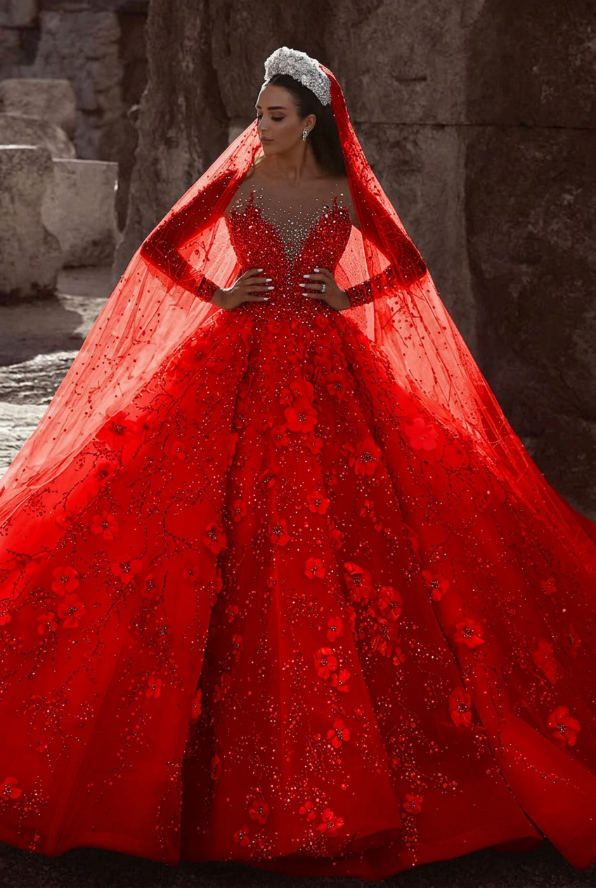 Red scoop beaded A-line wedding dress