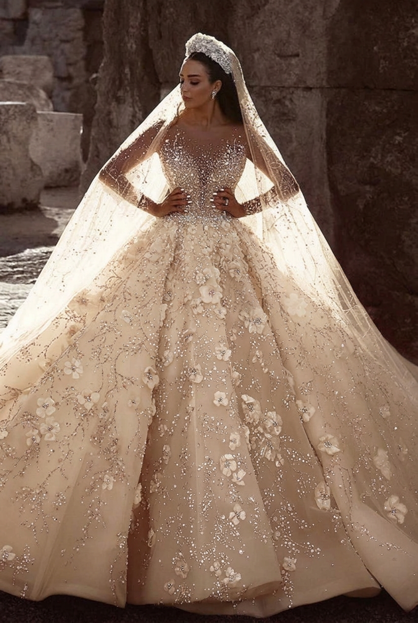 Champagne scoop beaded A-line wedding dress