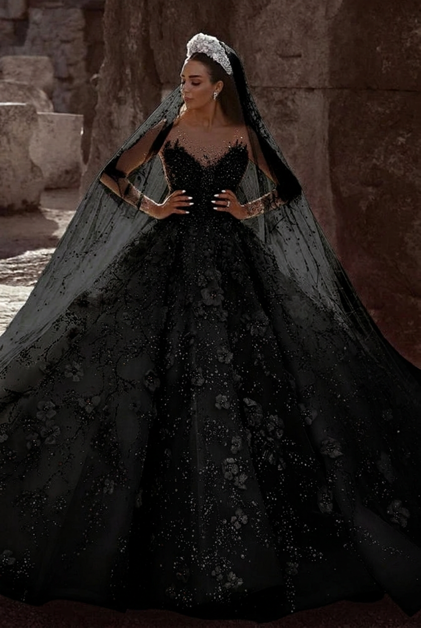 Black scoop beaded A-line wedding dress